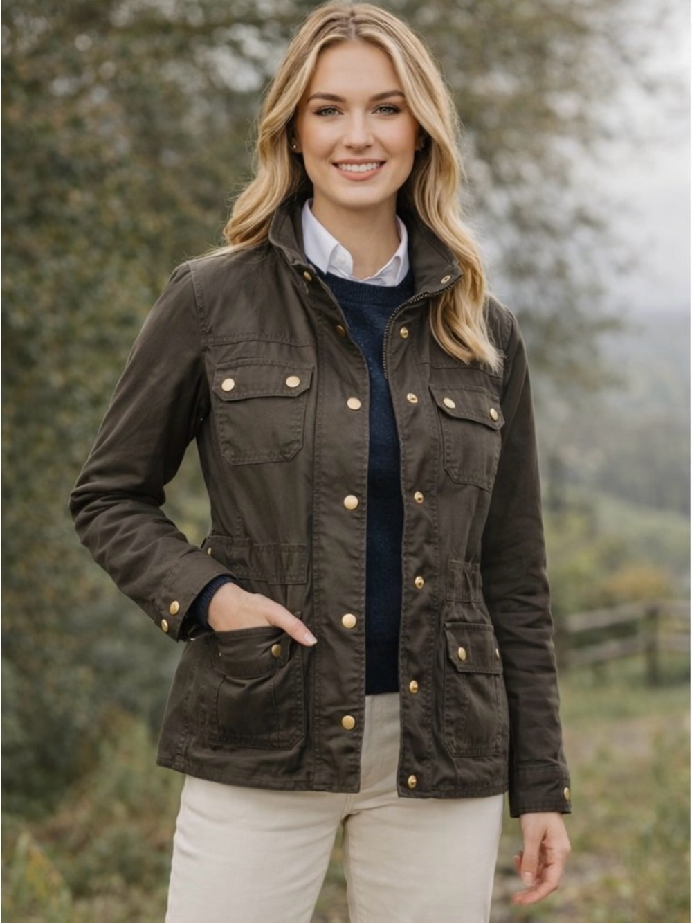 J Crew Women's Downtown Field Jacket Waxed Cotton- Brass-Dark‎ Khaki Green (XXS)
